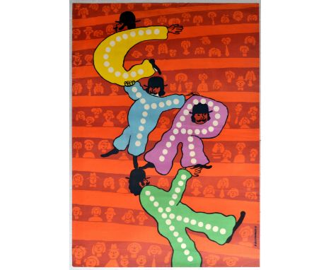 Original vintage Polish circus advertising poster - Cyrk. Fun design featuring clowns as letters for the word "Cyrk" (circus)
