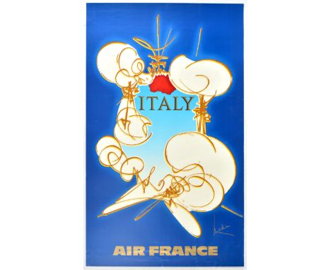 Original vintage travel advertising poster for flights to Italy for Air France. The artist, Georges Matheiu is considered one