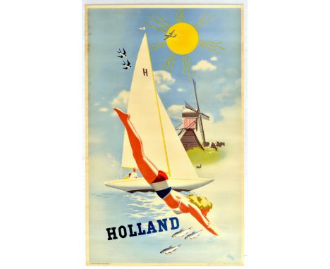 Original vintage travel poster for Holland featuring a fantastic image of a lady diver jumping into water with her swimming s