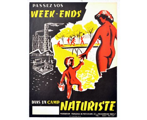 Original vintage advertising poster for a nudust weekend issue by the French Natirusm Federation.  Image of mother and child 
