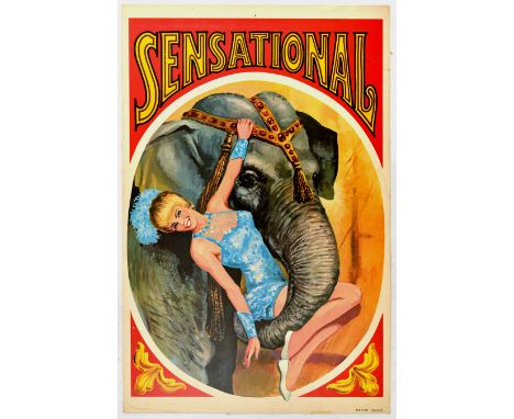 Original vintage double-sided poster advertising a circus performance featuring an elephant holding a smiling lady in a spark