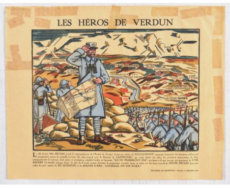 Original vintage epinal war propaganda poster issued in France during World War One for the Heroes of the Battle of Verdun. T