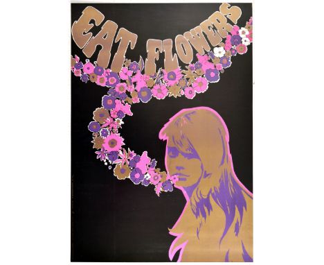 Original vintage poster - Eat Flowers - featuring psychedelic artwork against a dark background showing colourful flowers com