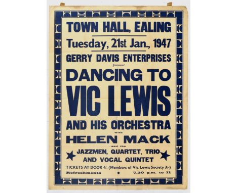 Original vintage advertising poster for a music event - "Dancing to Vic Lewis and his Orchestra with Helen Mack", and held at