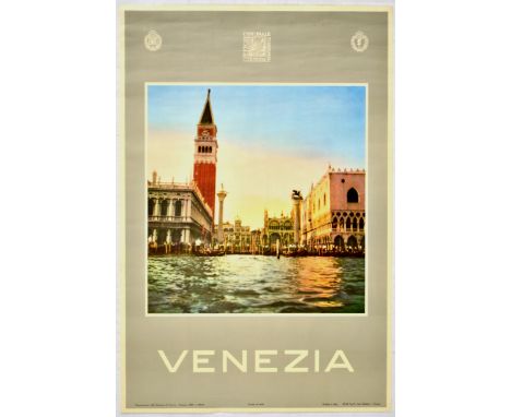 Original vintage travel poster for Venice issued by ENIT and Italian State Railways.  Great photo of Piazza San Marco with go