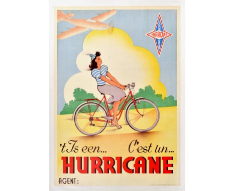 Original vintage bicycle advertising poster - 't is een... C'est une... Hurricane - featuring a cycling image of a young lady