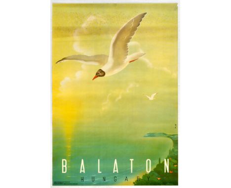 Original vintage travel poster for Balaton in Hungary - Great illustration features a seagull flying high above a tree lined 