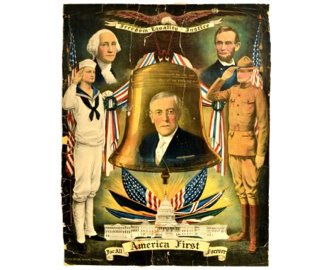 Original antique WWI propaganda poster published in 1918 in Chicago Illinois featuring three American presidents: the Preside