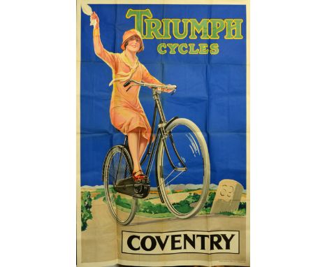 Original vintage advertising poster for Triumph Cycles featuring a lady wearing a summer dress and hat and waving a scarf as 