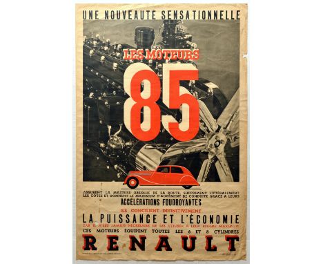 Original vintage advertsing poster promoting Renaults car with a new 85 engine.  Photo of the new engine with a profile of th