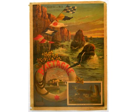 Original antique travel poster for the region of Bretagne in France.  Typical early 20th century image showing the savage coa