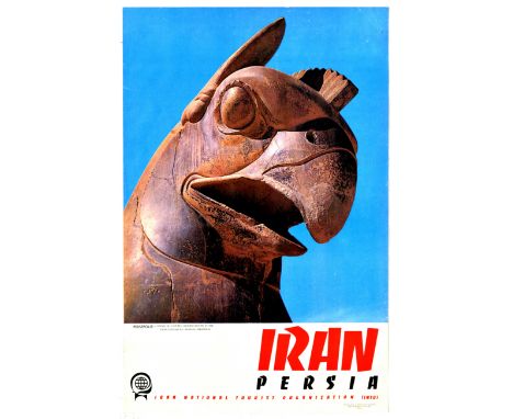 Original vintage travel poster for Iran Persia featuring a photo of a detail of a double headed column in Apadana, Persepolis