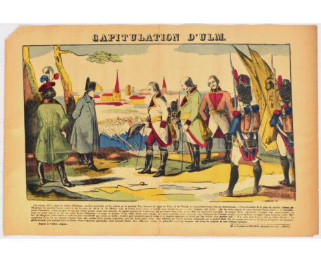 Original antique epinal print poster for a Capitulation at Ulm.  The Ulm campaign was a series of French and Bavarian militar