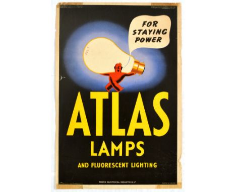 Original vintage advertising poster issued by Atlas Lamps and Fluorescent Lighting. Art Deco design of a red man carrying a m