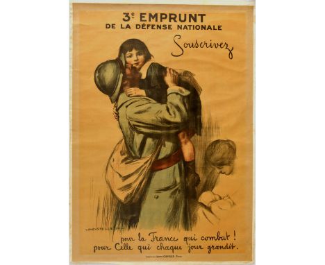 Original antique war loan propaganda poster issued in France during the First World War.  Image of a soldier holding a child 