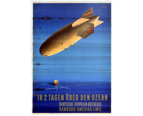 Original vintage travel advertising poster in German for Deutsche Zeppelin to promote their services across the Atlantic Ocea