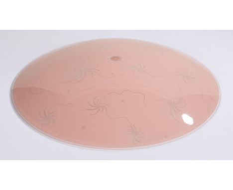 Art Deco style glass lamp shade, in pink decorated with swirls, 48cm diameter
