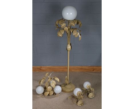 Metal standard lamp, with leaves and branches, 155cm tall, with a matching chandelier and a air of wall lights (4)
