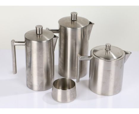 Art Deco style three piece tea and coffee set, in stainless steel, with an Old Hall sugar bowl (4)