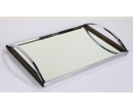 Art Deco style chrome and mirrored drinks tray, having arched chrome carrying handle either side of a mirrored glass tray, 46