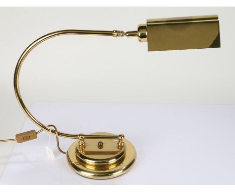 Large brass desk lamp, with curved neck and stepped circular foot, 54cm wide