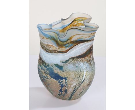 Lesley Clarke, seascape glass vase, with wavy rim, 20cm high