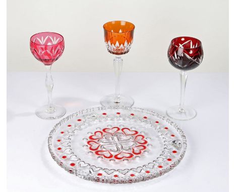 Baccarat wine glass, with orange overlaid bowl, together with a Royal Brierly cranberry hock glass, a ruby hock glass and a g