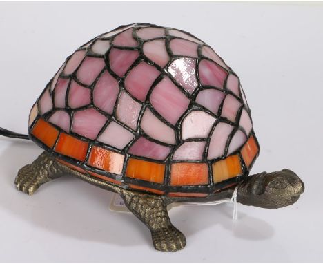 Tiffany style table lamp, in the form of a tortoise, with pink and orange shade, brass body, 20cm wide