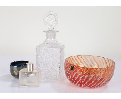 Whitefriars style glass decanter and stopper, of square form with rounded stopper, 28cm high, together with a Langham art gla