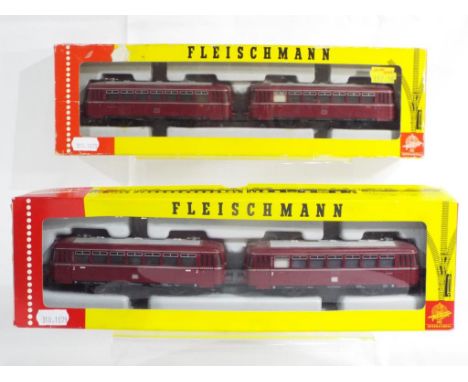 Model Railways - two Fleischmann HO scale diesel rail cars, one unpowered, good to excellent condition, Est £40 - £60