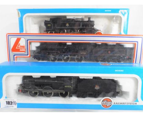 Model Railways - three steam OO gauge locomotives, two Airfix 0-6-0 #44454 in BR black and one Lima crabstyle steam engine 2-