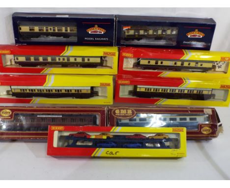 Model Railways - eight boxed OO gauge coaches by Hornby, Lima and GMR/Airfix and one boxed car transporter one Hornby coach i