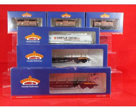 Model Railways - six boxed wagons Bachmann OO gauge including three cattle wagons, two bolster wagons and one cement wagon, r