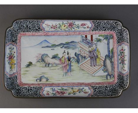 A canton enamel tray with figure scenes, Qing Dynasty, 18 th /early 19 th century, of rectangular form with re-entrant corner