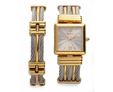 Reference number 17009, quartz, the square silvered dial with engine-turned decoration, gilt Roman numerals and dot hour mark