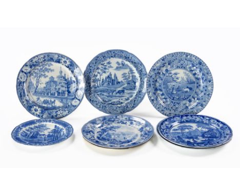 Including Spode and Davenport, various marks, minor hairline cracks, crazing largest 25,5cm diameter (8)