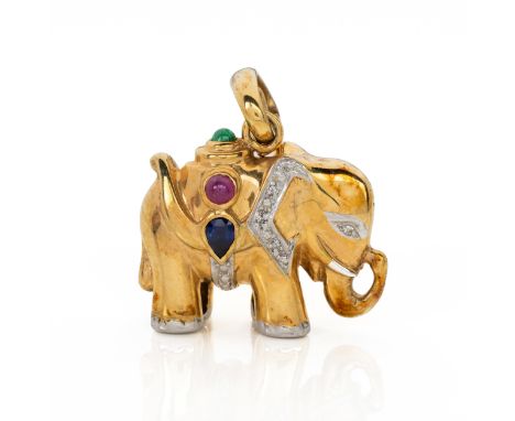 In the form of an elephant, hollow, embellished to the front with round cabochon and pear mixed-cut gems, probably emerald, r