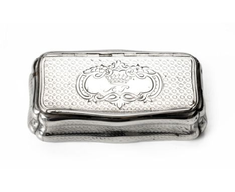 Rectangular, hinged cover centred with a cartouche engraved 'AP' , engine turned body, raised on a stepped base9,5cm wide, 11