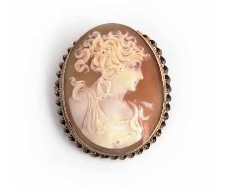 The shell cameo carved with the portrait of a lady, enclosed within a rope-twist surround, acid tested as 9ct gold, approxima