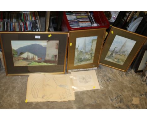A COLLECTION OF PICTURES AND PRINTS TO INCLUDE AN UNFRAMED PENCIL PORTRAIT STUDY OF CHILDREN
