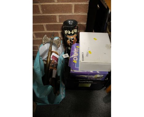 A QUANTITY OF ASSORTED SUNDRIES TO INCLUDE A REPRODUCTION AXE, TREEN LAMPS ETC