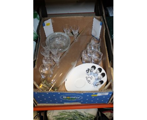 A SMALL TRAY OF GLASSWARE TOGETHER WITH TWO BEATLES INTEREST SAUCERS