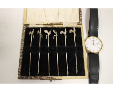 A SET OF SIX HALLMARKED SILVER NOVELTY CHICKEN SKEWERS TOGETHER WITH A GENTS ROTARY WRISTWATCH