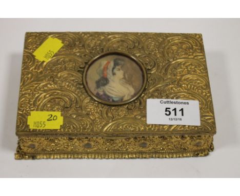 A VICTORIAN GILT METAL BOX WITH INSET PORTRAIT MINIATURE