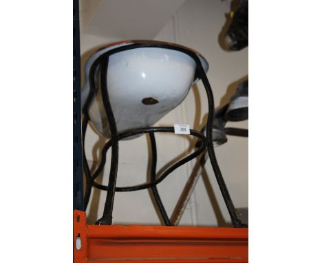 A VINTAGE ENAMELLED BASIN ON STAND 