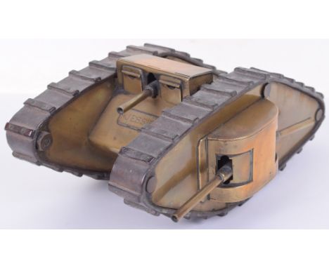 Impressive Trench Art Model Tank “Jessie”, brass bodied example with the highly detailed tracks made from brown leather. Movi