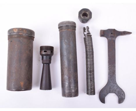 WW1 German MG08 and MG08/15 Spares, a flash hider container with a flash hider to the interior, dated ‘15’. A flash hider ada