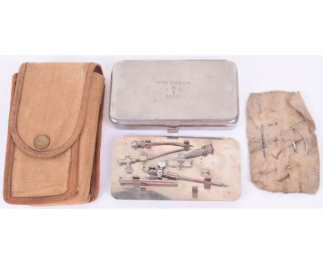 British 1918 Surgical Kit, interesting small surgeons kit housed in metal container and canvas 1918 dated case. The metal box