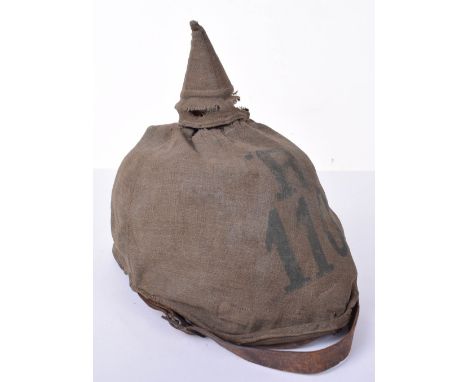 Baden Reserve Regiment 110 Enlisted Mans Pickelhaube and Matching Trench Cover, a very rare all leather pickelhaube, excellen