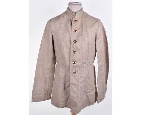 Prussian Infantry Regiment 176 Drill Tunic, constructed in herringbone twill, gold domed removable buttons for cleaning of ga